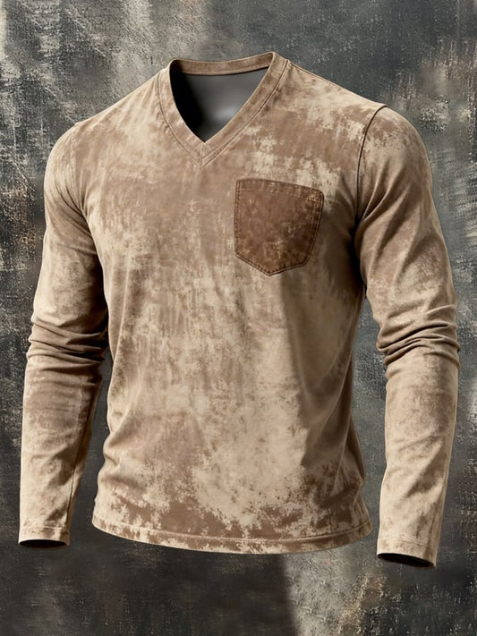 Men's Retro Washed Distressed V-Neck Long-Sleeve Top