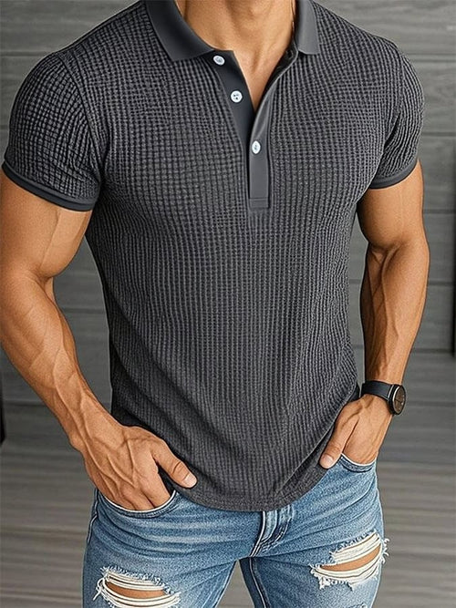 Men'S Casual Solid Color Waffle Short-Sleeved Button-Down Polo Shirt