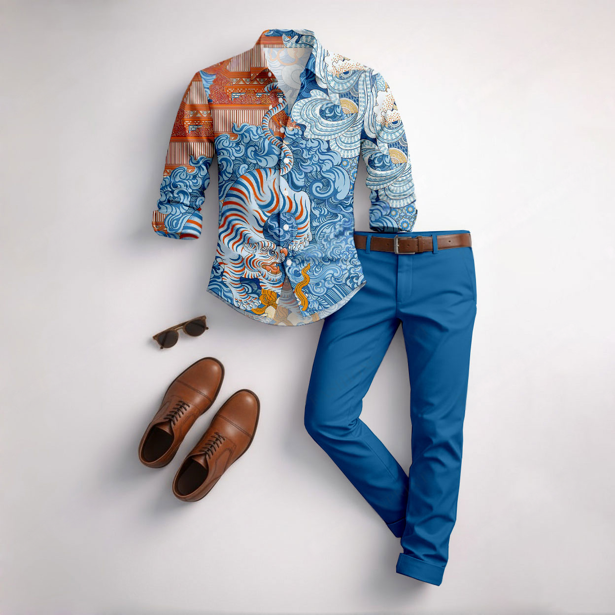 Men's Casual Blue Auspicious Clouds Color Matching Geometric Printed Long Sleeved Shirt & Trousers Two-Piece Set
