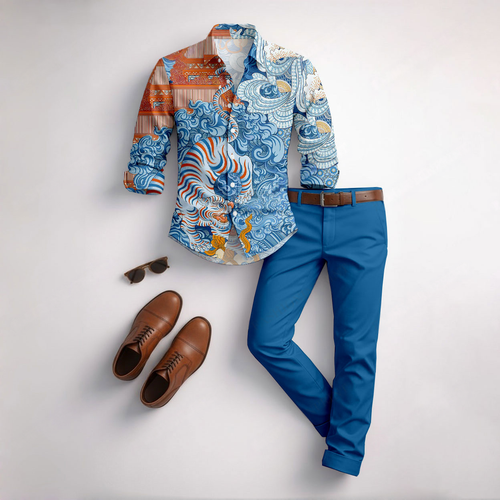 Men's Casual Blue Auspicious Clouds Color Matching Geometric Printed Long Sleeved Shirt & Trousers Two-Piece Set