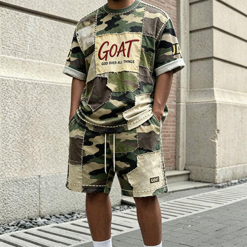 Men's Casual Camouflage Block-Print Round-Neck Short-Sleeve T-Shirt and Shorts Two-Piece Set