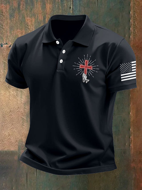 Men's Outdoor American Flag Button Short Sleeve Polo Shirt