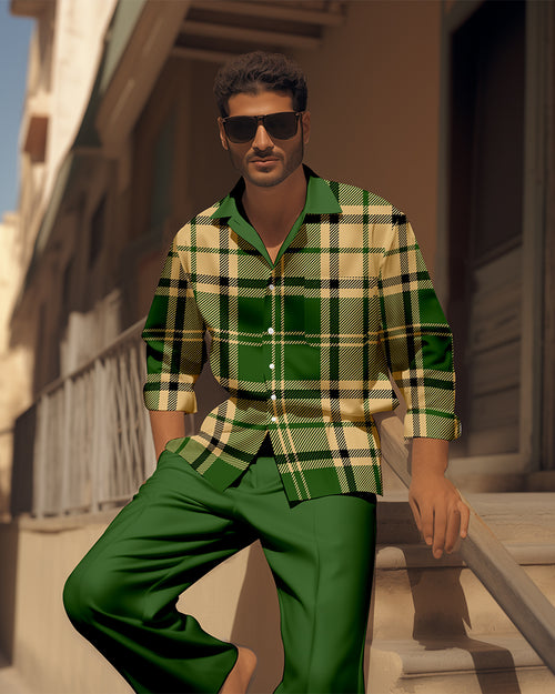 Men's Colorblock Printed Long Sleeve Shirt Casual Walking Suit 1470