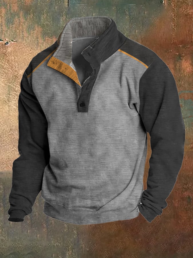 Men's Fleece Retro Color Patchwork Stand Collar Sweatshirt