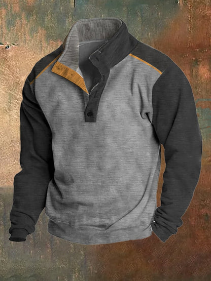 Men's Fleece Retro Color Patchwork Stand Collar Sweatshirt