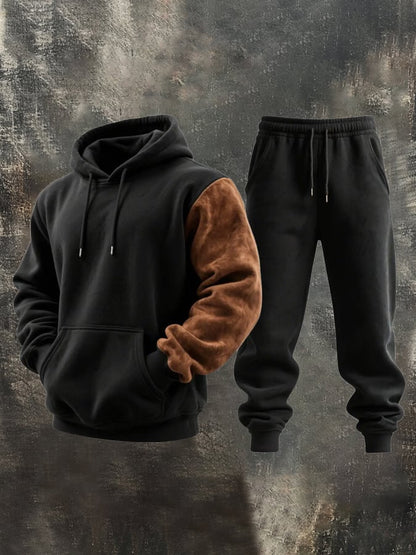 Men's Retro Stitching Contrast Color Hooded Casual Sweatshirt Suit