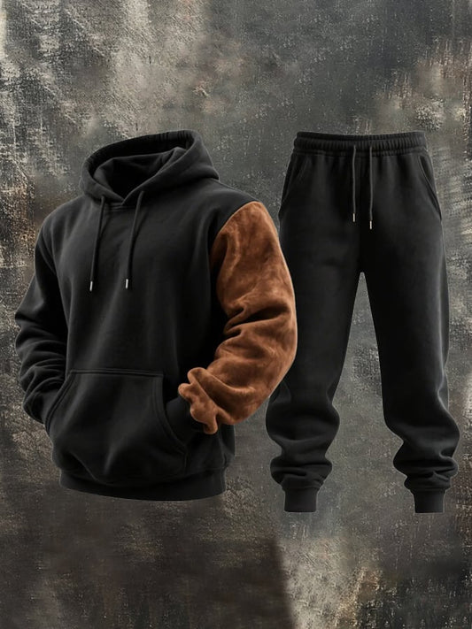 Men's Retro Stitching Contrast Color Hooded Casual Sweatshirt Suit