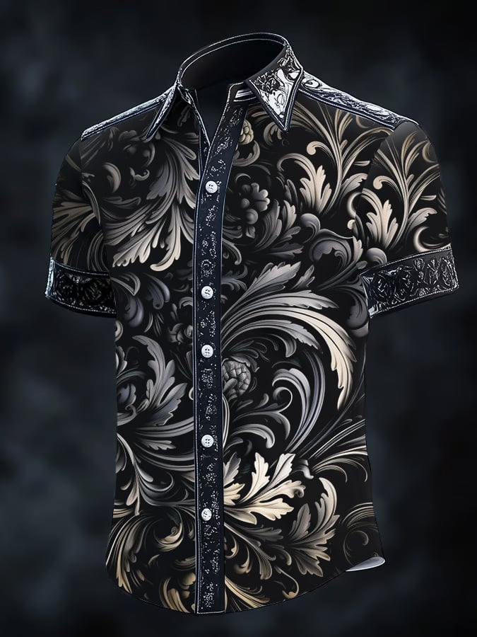 Men's Vintage Dark Baroque Print Short Sleeve Shirt