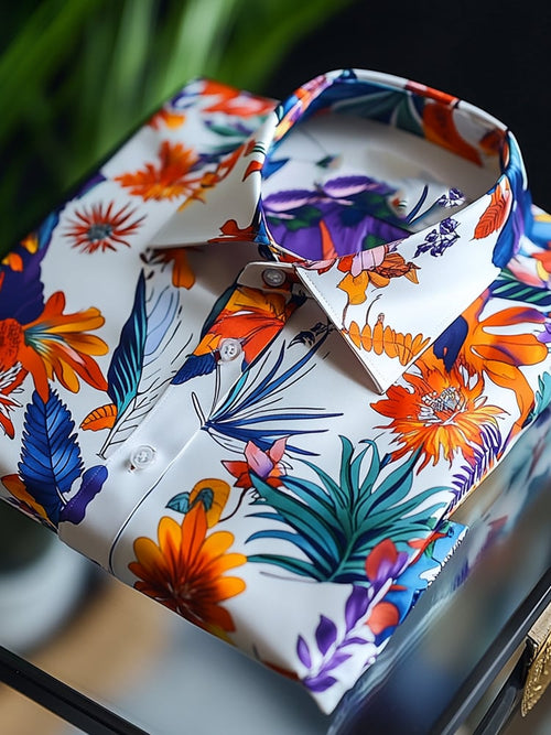 Men's Satin Luxe Hawaiian All Over Leaf Print Short Sleeve Button Shirt