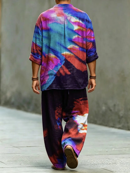 Men's Fashionable Abstract Art Print Cotton Shirt Set