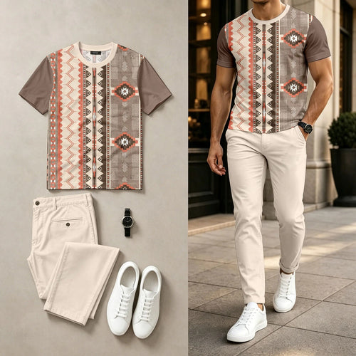 Men's Casual Multi-Color Block Print Round-Neck Short-Sleeve Top And Pants Two-Piece Set