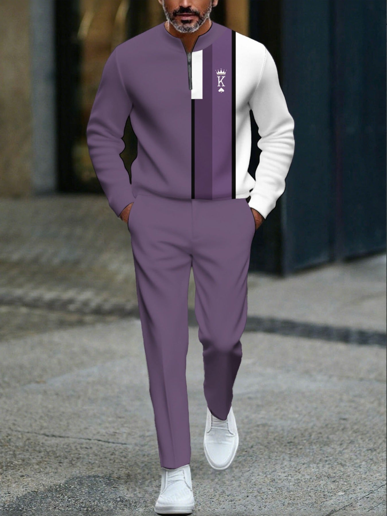 Men's Casual Purple & White Color Matching Geometric Printed Round-Neck Zipper Long Sleeved Sweatshirt & Trousers Two-Piece Set