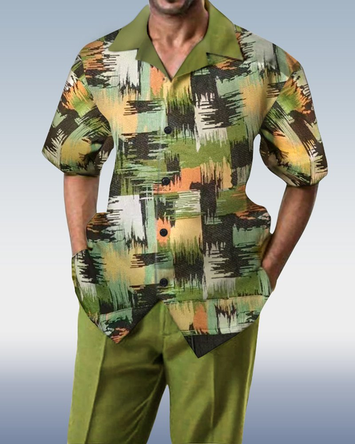 Green Plaid Walking Suit 2 Piece Short Sleeve Suit 009