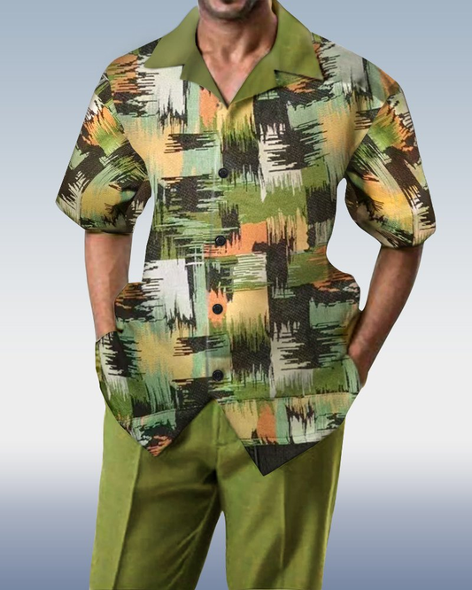 Green Plaid Walking Suit 2 Piece Short Sleeve Suit 009