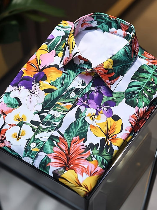 Men's Satin Luxe Hawaiian Green Floral Short Sleeve Button Down Shirt