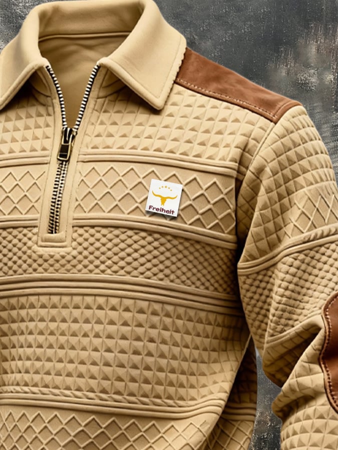Men's Retro Jacquard Textured Patchwork Comfortable Color-Blocked Zip-Up Sweatshirt