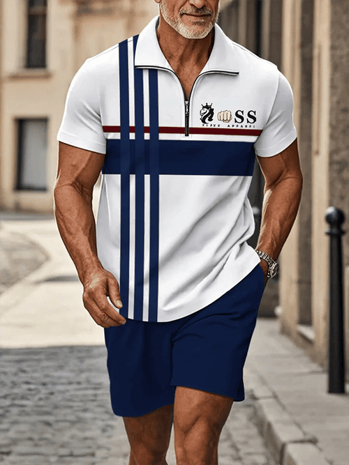 Men's Retro Letter Design Casual Business Short Sleeve Comfortable And Breathable Polo Shirt Suit