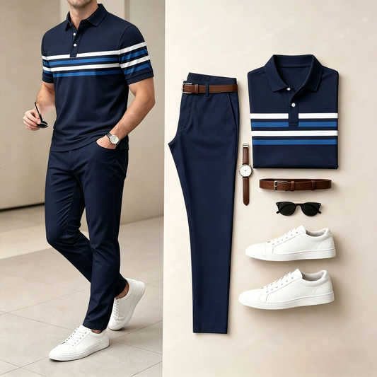 Men's Casual Striped Printed Short-Sleeve Polo Shirt And Pants Set (Excludes Accessories Such As Watches And Belts)