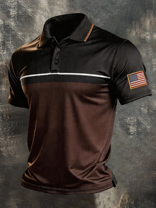 Men's Retro Patriotic Color-Block Short-Sleeve Polo Shirt