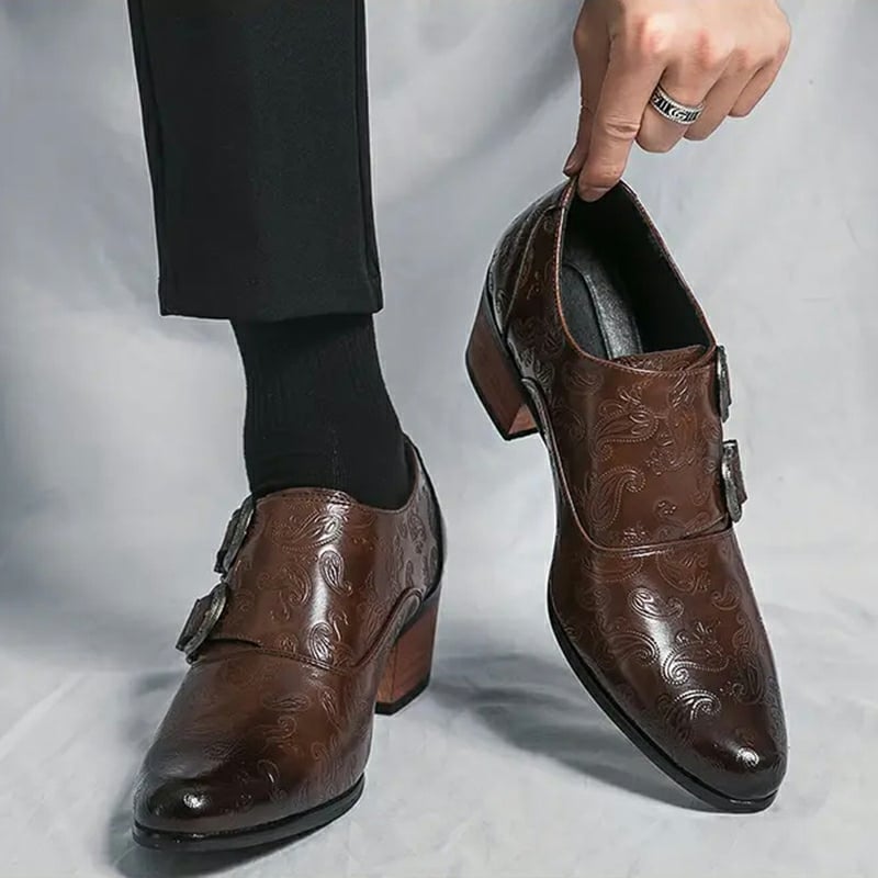 Men's Chunky Heel Sculpted Fashion Casual Buckle Leather Shoes