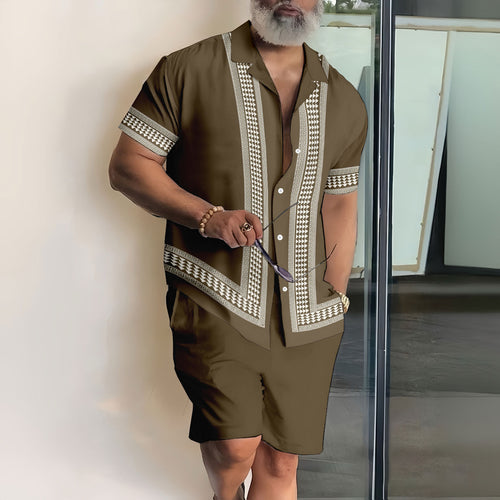 Men's Fashion Casual Lapel Printed Short Sleeve Shirt Two-Piece Set