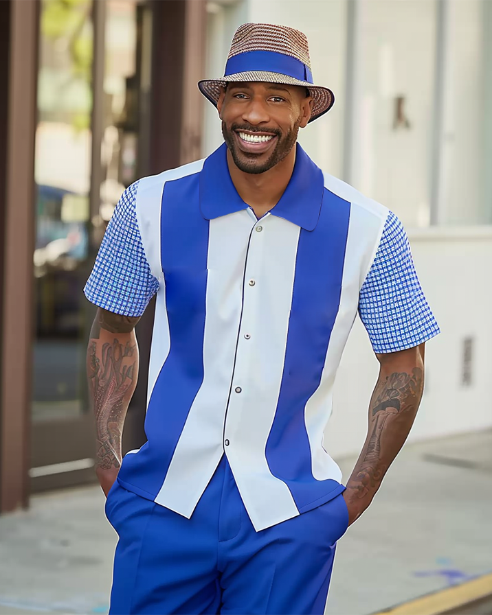 Men's Textured Short Sleeve Printed Two-Piece Walking Pants Set 055