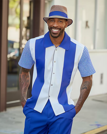 Men's Textured Short Sleeve Printed Two-Piece Walking Pants Set 055