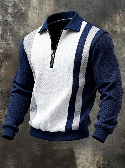 Men's Vintage Jacquard Textured Comfortable Color-Block Zip-Up Sweatshirt