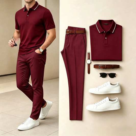 Men's Casual Pure Wine Red Printed Polo Shirt And Pants Two-Piece Set
