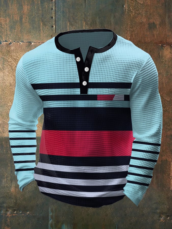 Men's Vintage Waffle Color Patch Henley Neck T-Shirt