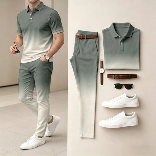 Men's  Ombré Color Short-Sleeve Polo Shirt and Pants Two-Piece Set