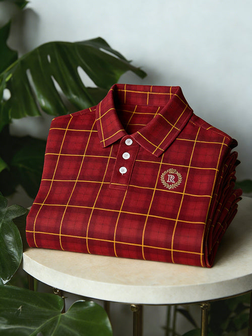 Men's Business Classic Button Short Sleeve Classic Plaid Polo Shirt