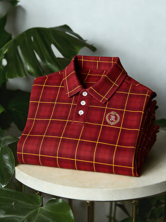 Men's Business Classic Button Short Sleeve Classic Plaid Polo Shirt