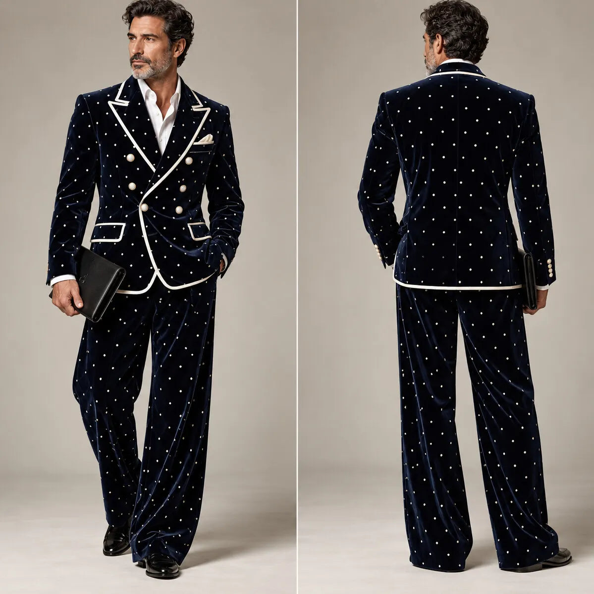 Men's Navy Blue Velvet Polka Dot Print Contrast Piping Double-Breasted Peak Lapel Blazer & Pants 2Pcs Suit