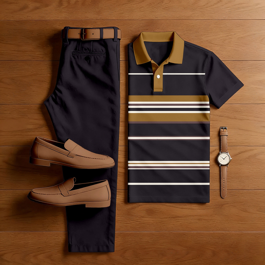 Men's Casual Black & Ginger Color Matching Striped Printed Short Sleeved Polo Shirt & Trousers Two-Piece Set