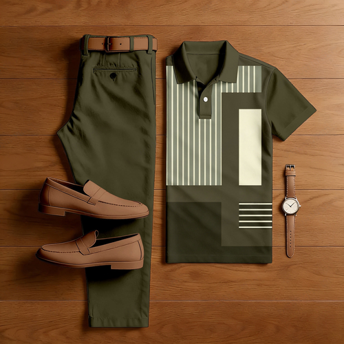 Men's Casual Army Green Color Matching Geometric Printed Short Sleeved Polo Shirt & Trousers Two-Piece Set