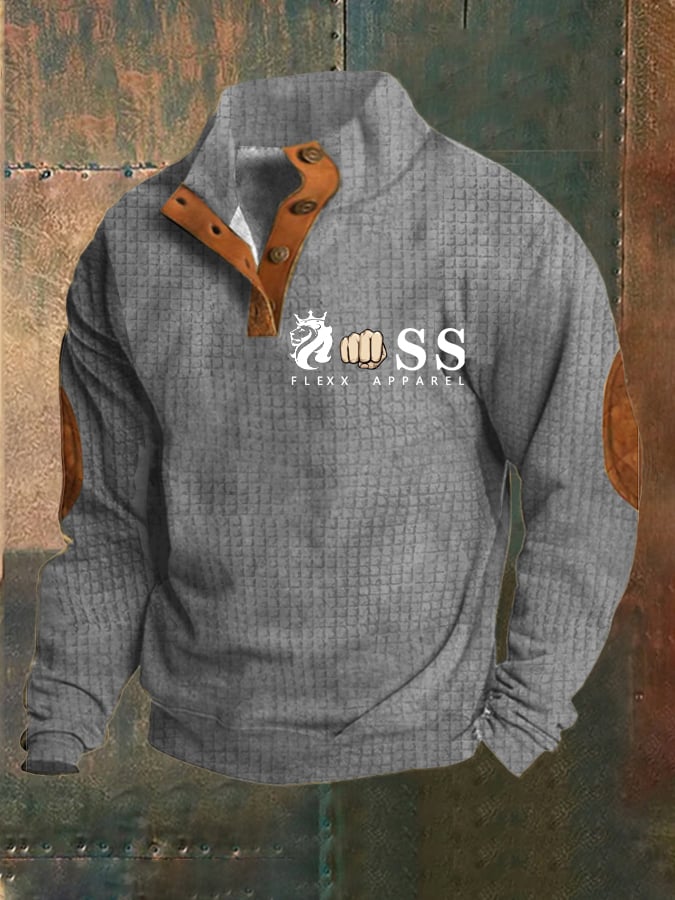 Men's Vintage Lettering Printed Stand Collar Check Button Sweatshirt