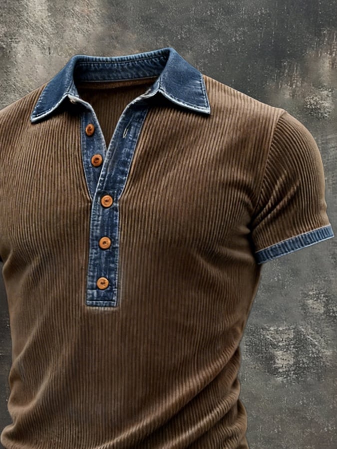 Men's Retro Distressed Patchwork Denim Color Block Short-Sleeve Top