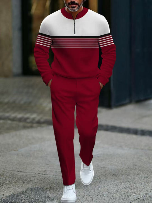 Men's Casual Red & White Color Matching Striped Printed Round-Neck Zipper Long Sleeved Sweatshirt & Trousers Two-Piece Set