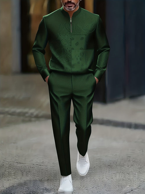 Men's Casual Color Matching Printed Round-Neck Zipper Long Sleeved Trousers Two-Piece Set