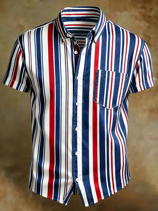 Men's Vintage Abstract Art Print Short-Sleeved Pocket Shirt