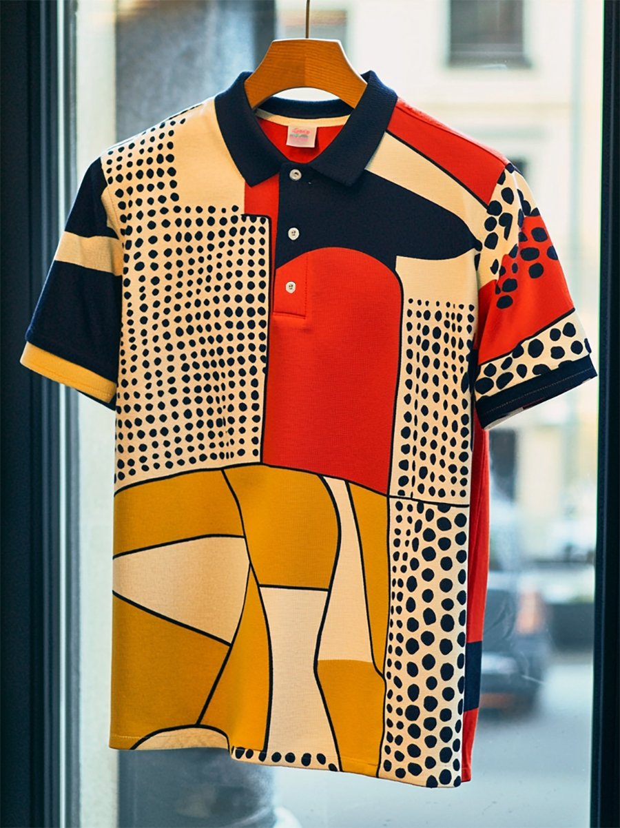 Men's Business Casual Bauhaus Style Button Short Sleeve Polo Shirt