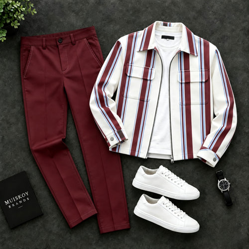 Men's Striped Two-Piece Set with Lapel Jacket and Pants