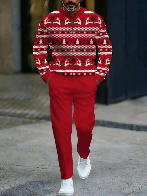 Men's Red & White Color Matching Elk Christmas Printed Round-Neck Zipper Long Sleeved Sweatshirt & Trousers Two-Piece Set
