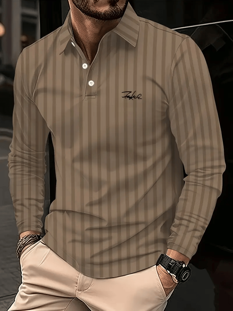 Men's Retro Business Stripe Print Long Sleeve Polo Shirt