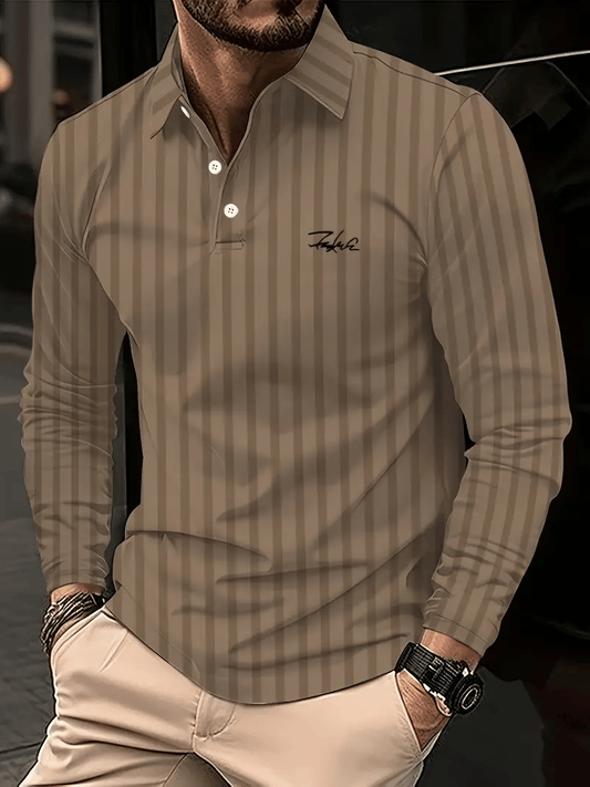 Men's Retro Business Stripe Print Long Sleeve Polo Shirt
