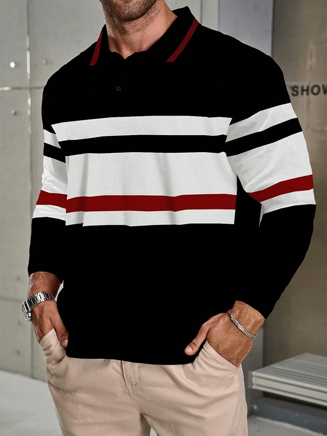 Men's Striped Business Casual Long Sleeve Polo Shirt