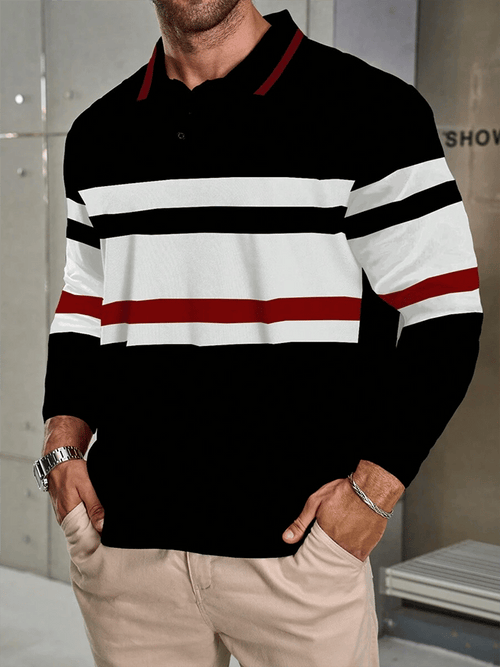 Men's Striped Business Casual Long Sleeve Polo Shirt