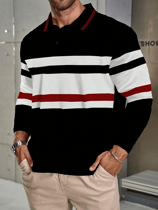Men's Striped Business Casual Long Sleeve Polo Shirt