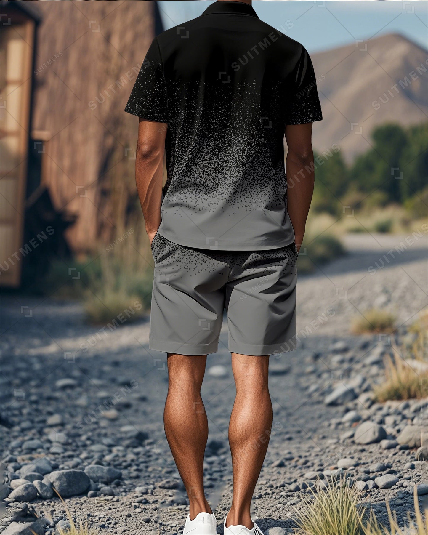 Men's Gradient Colorblock Summer Polo Short Sleeve Shorts Suit 01
